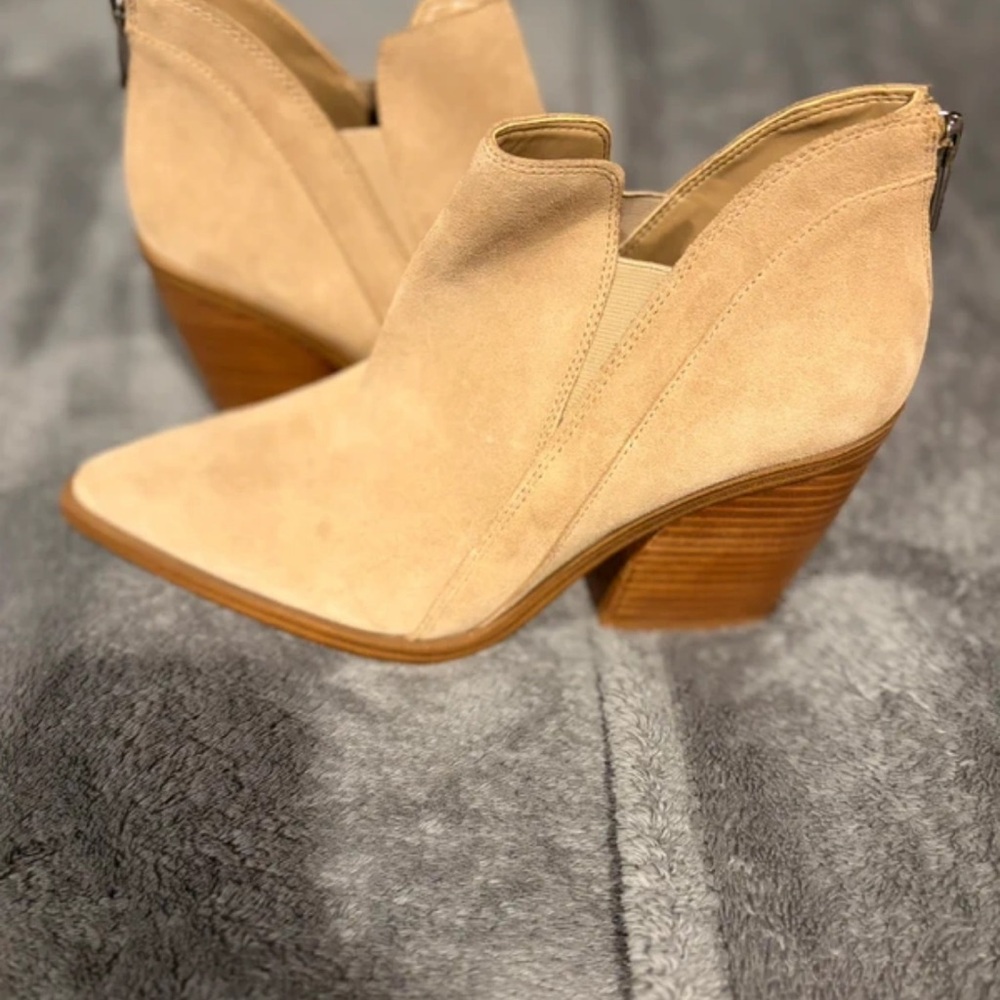 Women's Tan Suede Ankle Booties with Stacked Heel